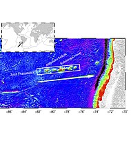 Rice University geophysicists have developed a method that uses the average motion of hot-spot groups by plate to determine that the spots aren't moving as fast as geologists thought. For example, the Juan Fernandez Chain (outlined by the white rectangle) on the Nazca Plate west of Chile was formed by a hot spot now at the western end of the chain as the Nazca moved east-northeast relative to the hotspot forming the chain that includes Alejandro Selkirk and Robinson Crusoe islands. The white arrow shows the direction of motion of the Nazca Plate relative to the hot spot, and it is nearly indistinguishable from the direction predicted from global plate motions relative to all the hot spots on the planet (green arrow). The similarity in direction indicates that very little motion of the Juan Fernandez hot spot relative to other hot spots is needed to explain its trend. (Credit: Illustration by Chengzu Wang/Rice University)
