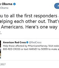 Former President Obama tweeted a link to the American Red Cross on Sunday encouraging people to help in the wake of the Hurricane Harvey in Texas.