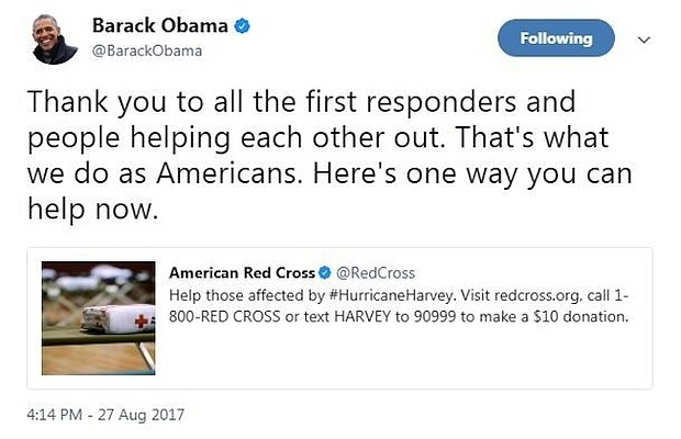 Former President Obama tweeted a link to the American Red Cross on Sunday encouraging people to help in the wake of the Hurricane Harvey in Texas.