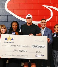 Scott McClelland, President, H-E-B Food & Drug, and Winell Herron, H-E-B Group Vice President Public Affairs, Diversity and Environmental Affairs, presented J.J. Watt with a $5 million check on behalf of Charles Butt at NRG Stadium on Wednesday, Sept. 6.  to benefit the Justin J. Watt Foundation’s Houston Flood Relief Fund.
 
Pictured (L-R): Jamey Rootes, Houston Texans President; Cyndy Garza-Roberts, H-E-B Public Affairs Director Houston Region; Winell Herron, H-E-B Group Vice President Public Affairs, Diversity;  Scott McClelland, President, H-E-B Food & Drug; Houston H-E-B Public Affairs team Lacey Dalcour Salas and Martha Barrera