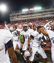Howard University players celebrate their surprise 43-40 victory last Saturday over University of Nevada-Las Vegas at Sam Boyd Stadium in Las Vegas. 