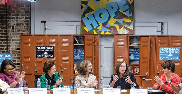 First ladies stumping for education //
Virginia first ladies join Pam Northam, center, wife of Democratic gubernatorial candidate Ralph S. Northam, in a roundtable discussion about education opportunity and policy last Friday in Richmond. The event, held at 6PIC in Highland Park, was an opportunity to highlight the Democratic candidate’s education platform. Joining Mrs. Northam, an elementary school science teacher, are, from left, Princess R. Moss, a Louisa County music teacher and secretary-treasurer of the National Education Association; former First Lady Lynda Johnson Robb, wife of former Gov. Chuck Robb; First Lady Dorothy McAuliffe, wife of Gov. Terry McAuliffe; and former First Lady Anne Holton, former state secretary of education and wife of former governor and current U.S. Sen. Tim Kaine. 