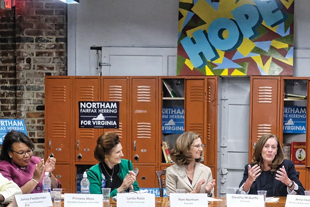 First ladies stumping for education //
Virginia first ladies join Pam Northam, center, wife of Democratic gubernatorial candidate Ralph S. Northam, in a roundtable discussion about education opportunity and policy last Friday in Richmond. The event, held at 6PIC in Highland Park, was an opportunity to highlight the Democratic candidate’s education platform. Joining Mrs. Northam, an elementary school science teacher, are, from left, Princess R. Moss, a Louisa County music teacher and secretary-treasurer of the National Education Association; former First Lady Lynda Johnson Robb, wife of former Gov. Chuck Robb; First Lady Dorothy McAuliffe, wife of Gov. Terry McAuliffe; and former First Lady Anne Holton, former state secretary of education and wife of former governor and current U.S. Sen. Tim Kaine. 