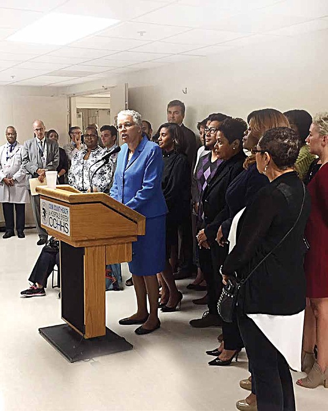 Cook County President Toni Preckwinkle along with health care providers address the health and economic benefits of the Sweetened Beverage Tax during a recent press conference. Photo Credit: Cook County Health & Hospitals System