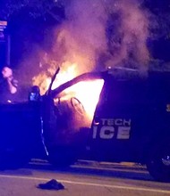 Police cruiser set on fire during protests at Georgia Tech Monday night (9/18) following vigil for student killed by campus police.