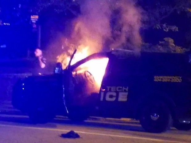 Police cruiser set on fire during protests at Georgia Tech Monday night (9/18) following vigil for student killed by campus police.