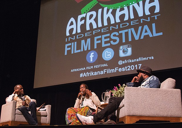 Courtney Jones Talking art//
Saxophonist and Richmond native Plunky Branch, left, participates in a panel discussion last Friday about legendary jazz musician John Coltrane following a screening of documentary filmmaker John Scheinfeld’s “Chasing Trane.” The film and discussion were part of the three-day Afrikana Independent Film Festival held at a variety of Richmond venues. Joining Mr. Branch on the panel are poet Lorna Pinckney, a Richmond open-mic poetry hostess, and Talib Kweli, a Brooklyn, N.Y.,-based hip-hop artist and DJ.