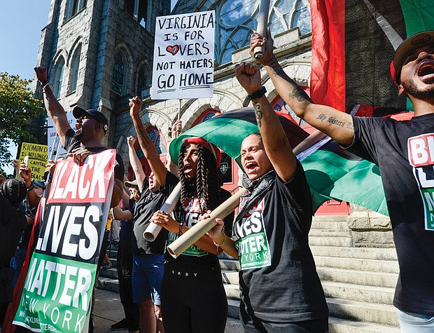 Breaking barriers of hate //
Members of Black Lives Matters New York joined counterprotesters in front of First English Evangelical Lutheran Church at Lombardy Street and Monument Avenue.