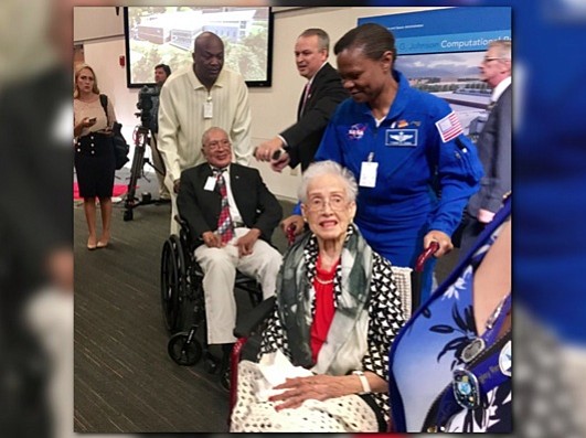 NASA Legend Katherine Johnson with Dr. Yvonne Cagle (photo by Megan Shinn via 11alive.com)