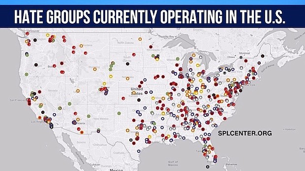 A map that shows where hate groups are currently operating in the U.S.