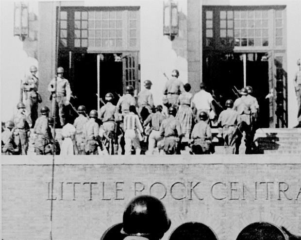 This September 1957 photo shows the nine African-American students being escorted into Little Rock’s Central High School by troops from the Army’s 101st Airborne Division.