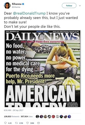 	Rihanna criticized President Donald's Trump response to the humanitarian crisis in Puerto Rico following Hurricane Maria, suggesting that the President is not paying enough attention to the disaster occurring on the island.