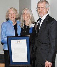 Virginia Institute of Pastoral Care //
Celebrating 50 years of service
Richmond Delegate Betsy B. Carr, left, presents a General Assembly resolution congratulating the Virginia Institute of Pastoral Care for 50 years of providing counseling to families, couples, children and individuals to “restore healing and hope.” Receiving the proclamation at a celebration Sept. 28 at the Virginia Historical Society are Frances Broaddus-Crutchfield, president of VIPCare’s board and contributing Free Press writer, and Dr. Douglas M. Thorpe, executive director of the Henrico County-based nonprofit. Sister Cora Marie Billings, a member of the VIPCare board, also was honored for her advocacy and work to promote counseling in the Richmond region. VIPCare was founded in 1967 by a multiracial, ecumenical group.