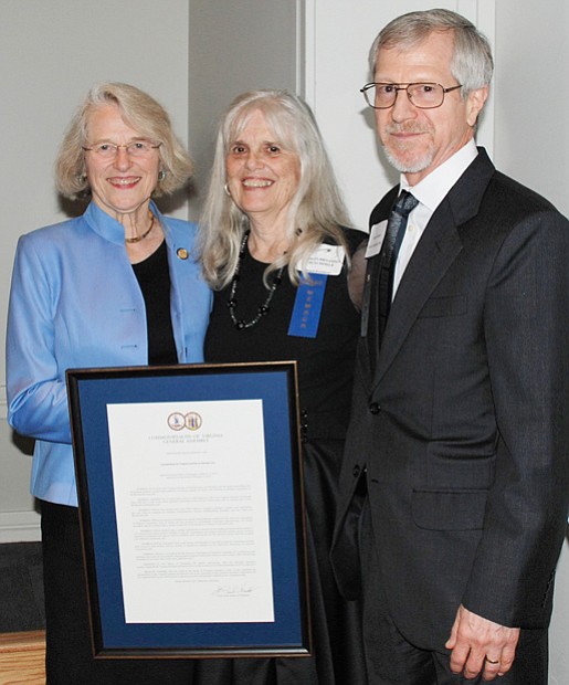 Virginia Institute of Pastoral Care //
Celebrating 50 years of service
Richmond Delegate Betsy B. Carr, left, presents a General Assembly resolution congratulating the Virginia Institute of Pastoral Care for 50 years of providing counseling to families, couples, children and individuals to “restore healing and hope.” Receiving the proclamation at a celebration Sept. 28 at the Virginia Historical Society are Frances Broaddus-Crutchfield, president of VIPCare’s board and contributing Free Press writer, and Dr. Douglas M. Thorpe, executive director of the Henrico County-based nonprofit. Sister Cora Marie Billings, a member of the VIPCare board, also was honored for her advocacy and work to promote counseling in the Richmond region. VIPCare was founded in 1967 by a multiracial, ecumenical group.