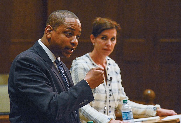 Democrat Justin Fairfax, left, and Republican state Sen. Jill Vogel trade jabs during their final debate for the Virginia lieutenant governor’s seat. 