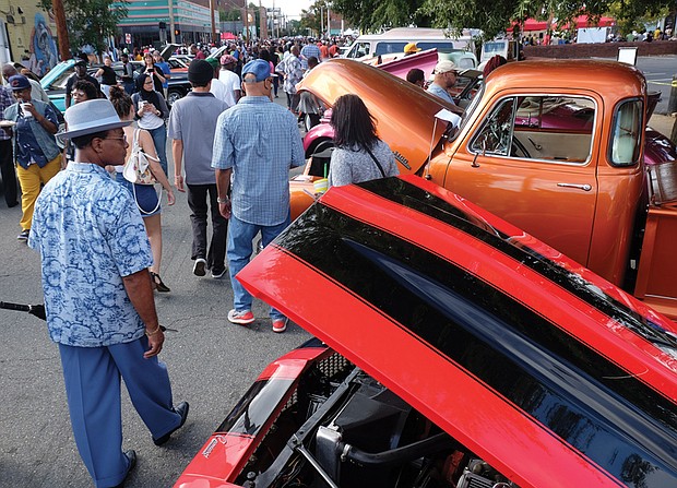 eye-catching classic cars and trucks stop traffic near 2nd and Marshall streets.