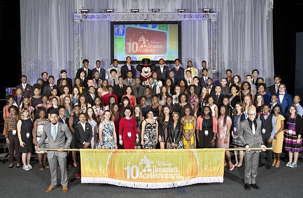 Disney Dreamers join Mickey Mouse on March 12, 2017 to celebrate the commencement of the tenth Disney Dreamers Academy at Walt Disney World Resort in Lake Buena Vista, Fla. The annual event is a career-inspiration program for distinguished high school students from across the U.S. (Gregg Newton, photographer)