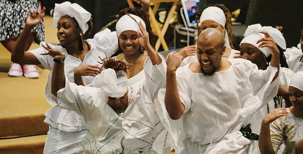 the Ezibu Muntu Dance Company performs a processional followed by pouring of libation and drum call sparking the spirit in the celebration of Ms. Pinckney’s life. Her death at age 43 leaves an enormous hole in Richmond’s creative community.
