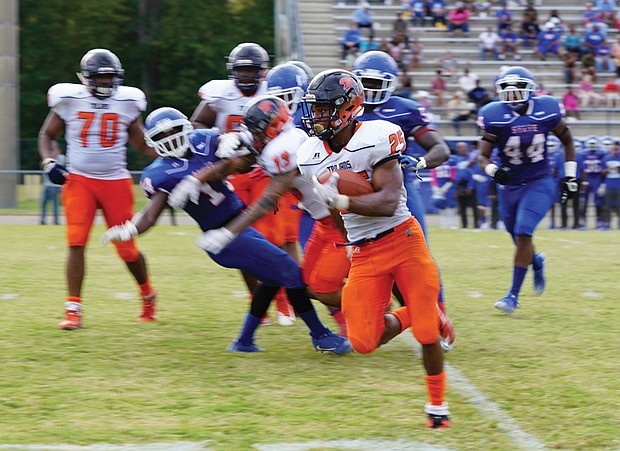 VSU explosive senior running back Trenton Cannon takes it down the field as the Trojans crushed the Elizabeth City State University Vikings 56-0 at ECSU’s Roebuck Stadium last Saturday.
