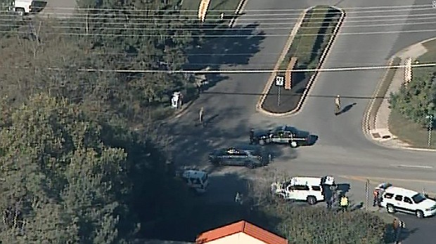 Aerial view of law enforcement vehicles after a shooting at a business park in Edgewood, Maryland, on October 18, 2017.