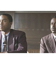 Chadwick Boseman, left, portrays Thurgood Marshall defending Joseph Spell, played by Sterling K. Brown in movie “Marshall.”