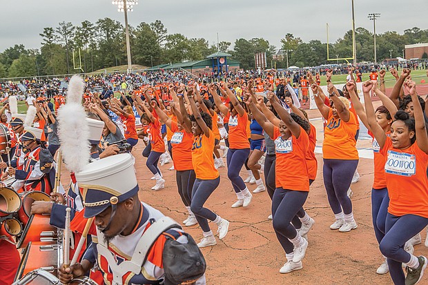 VSU celebrates homecoming //  the Virginia State Trojan Explosion Marching Band and The Woo Woos, including current and former squad members, keep the crowd in the game. 