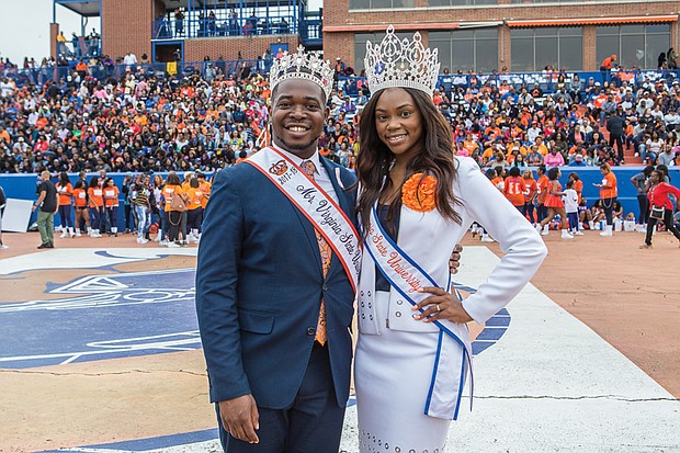 VSU celebrates homecoming // Da’Shunnda-Howard, Miss Virginia State University and Isaac Hargrove, Mr. Virginia State University, above left, strike a pose during VSU’s homecoming festivities against Bowie State University at Rogers Field on Saturday, 