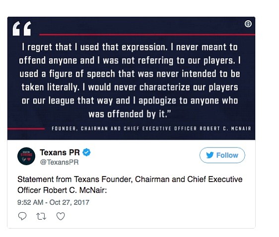 Texans CEO Robert McNair issues statement over controversial comments.