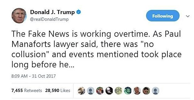 President Donald Trump on Tuesday continued to downplay the indictments of several of his former top campaign aides and called one of his campaign advisers, who pleaded guilty to making a false statement to the FBI, a "liar."/Source: @realdonaldtrump/Twitter