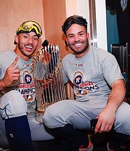 Carlos Correa and José Altuve celebrate the World Series win/Houston Astros' Facebook
 