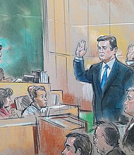 Former Trump campaign manager Paul Manafort, center, and campaign deputy Rick Gates, right, appear Monday before U.S. Magistrate Judge Deborah A. Robinson in federal court in Washington during a hearing on the first charges stemming from an investigation by special counsel Robert Mueller into Russian meddling in the 2016 presidential election. 