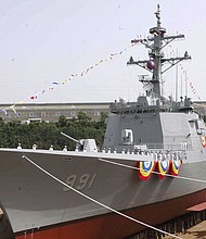 South Korean Navy's Aegis destroyer, the King Sejong is seen at its launching ceremony at the Ulsan dockyard of Hyundai Heavy Industries in 2007.