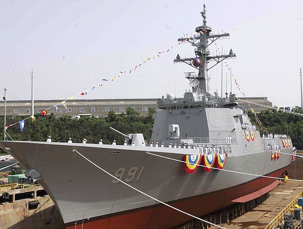 South Korean Navy's Aegis destroyer, the King Sejong is seen at its launching ceremony at the Ulsan dockyard of Hyundai Heavy Industries in 2007.