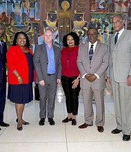 Aspect Solutions solidified its new partnership with the Jesse H Jones School of Business. (l-r) TSU President Austin Lane, JHJ Executive Director of Advancement Muriel Funches, Aspect President and CEO Steve Hughes, Aspect Managing Director Sheshieda Davis, JHJ Distinguished Professor of Accounting Richard Pitre, and JHJ Interim Dean John Williams. Photo Credit: Earlie Hudnall, TSU University Photographer
 