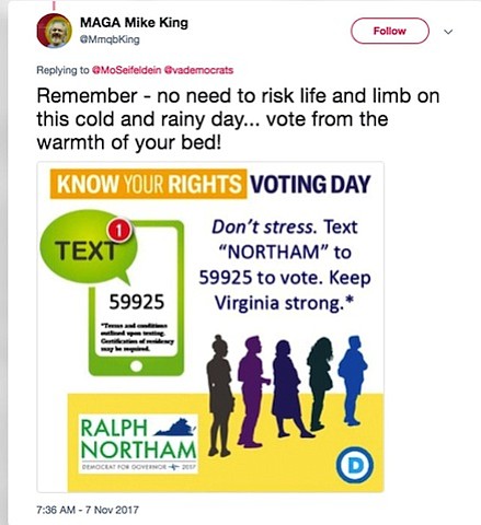 The account, "MAGA Mike King," was suspended after it tweeted more than a dozen times a graphic purportedly instructing Virginians on how to vote by text and including the logos of the Democratic Party and its gubernatorial candidate, Ralph Northam.
