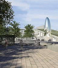 View of Brown Foundation, Inc. Plaza with Eduardo Chillida’s Song of Strength (far left) and Anish Kapoor’s Cloud Column (right), through Cullen Sculpture Garden. Courtesy Steven Holl Architects