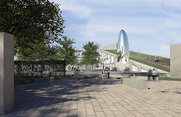 View of Brown Foundation, Inc. Plaza with Eduardo Chillida’s Song of Strength (far left) and Anish Kapoor’s Cloud Column (right), through Cullen Sculpture Garden. Courtesy Steven Holl Architects