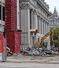 Demolition has begun on the General Assembly Building at 9th and Broad streets in Downtown. The pillared façade that faces the State Capitol is the only part of the nine-story building that is to be saved. Planned for the site is a new 15-story building to be completed and opened by 2021. A parking garage also is to the part of the $300 million development. The money also is to pay for renovation of Old City Hall, the Victorian Gothic Revival building at right, which was built in 1894. 