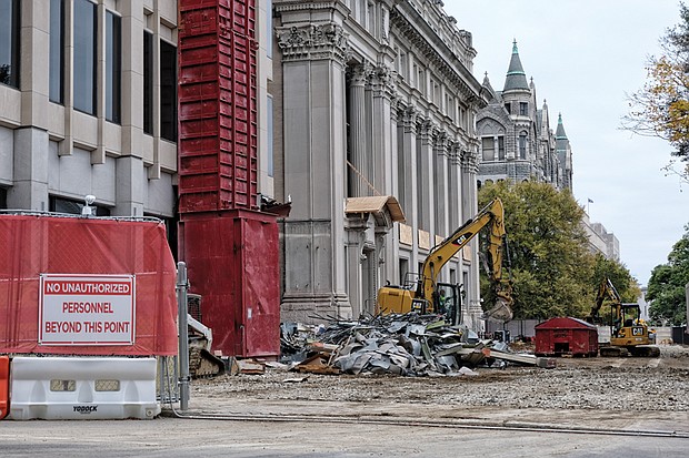 Demolition has begun on the General Assembly Building at 9th and Broad streets in Downtown. The pillared façade that faces the State Capitol is the only part of the nine-story building that is to be saved. Planned for the site is a new 15-story building to be completed and opened by 2021. A parking garage also is to the part of the $300 million development. The money also is to pay for renovation of Old City Hall, the Victorian Gothic Revival building at right, which was built in 1894. 