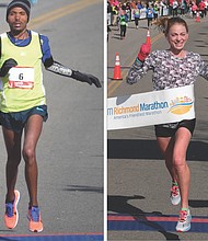 Temesgen Habtemariam, 27, of Ethiopia, crosses the finish line second Saturday in the men’s marathon with a time of 2:21.28. He was declared the winner on Wednesday after the first place finisher was disqualified. Right, Beth Sachtleben, 25, of Alexandria, a former George Mason University standout, is the women’s marathon victor with a time of 2:39.