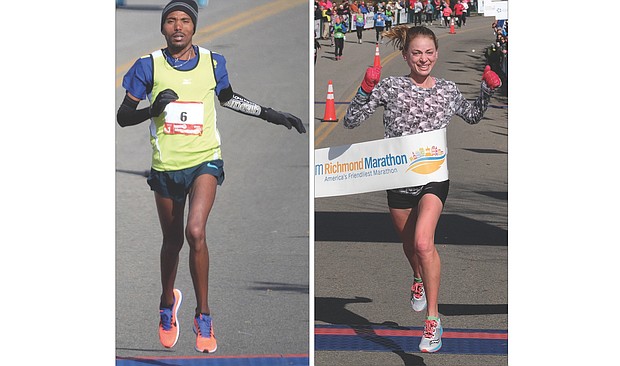 Temesgen Habtemariam, 27, of Ethiopia, crosses the finish line second Saturday in the men’s marathon with a time of 2:21.28. He was declared the winner on Wednesday after the first place finisher was disqualified. Right, Beth Sachtleben, 25, of Alexandria, a former George Mason University standout, is the women’s marathon victor with a time of 2:39.