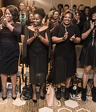 Audience giving standing ovation. Pictured: Carla Lane, Kim Roxie, Jackie Adams, Shawn Flowers, Denise Hamilton, State Rep. Shawn Thierry. 