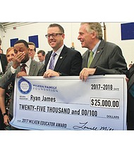 Ryan James wipes away tears of joy has he holds an oversized check presented to him Wednesday by the Milken Family Foundation. With him are, from left, state Superintendent of Public Instruction Steven R. Staples; state Board of Education President Dan Gecker; Laura Marshall, 2008 Milken honoree; Lowell Milken; Wade Whitehead, 2000 Milken honoree; Gov. Terry McAuliffe; and Dr. Stacy G. Gaines, principal of Lucille M. Brown Middle School.
