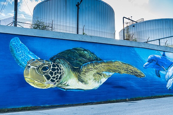 A 260-foot long concrete wall on JW Peavy Drive has been transformed by a colorful mural, “Turtle Soup,” recently commissioned …