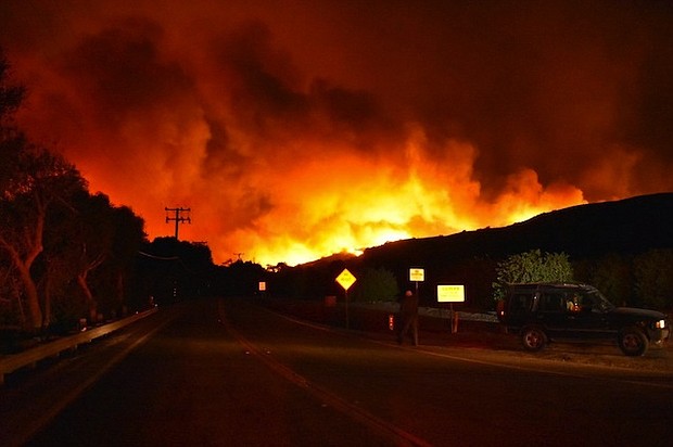The Ventura Country Fire Department posted this image of the Thomas Fire pushing its way toward East Ventura late Monday night.
Source:	Ventura County Fire Department