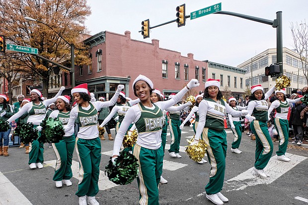 Henrico High School cheerleaders showed off a few moves, as did the high-stepping Hampton University drum majors, below right, who were leading the school’s Marching Force.