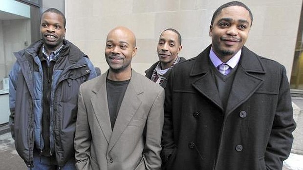 Harold Richardson, from left, Vincent Thames, Terrill Swift and Michael Saunders were convicted of a 1994 rape and murder but later were cleared. (Terrence Antonio James/Chicago Tribune)