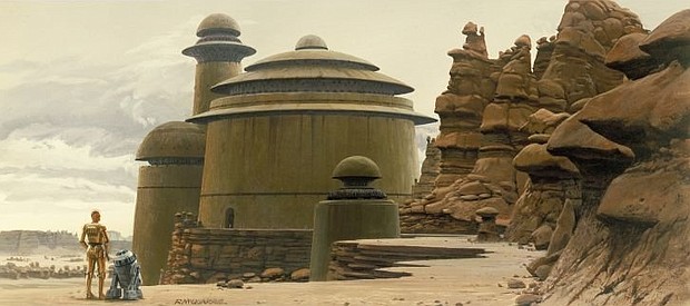 Jabba the Hutt's palace on Tatooine, as painted by Ralph McQuarrie. A combination of Byzantine shapes and clean Brutalist surfaces, it's an example of "Star Wars'" magpie approach to architecture