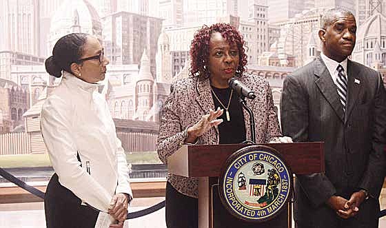 Illinois State Senator Jacqueline Collins (16th District), Illinois State Senator Mattie Hunter and Alderman David Moore held a press conference at City Hall, to express their concerns over the recent announcement of four Englewood school closings and the creation of a new $75 million high school. Photo Credit: Christopher
Shuttlesworth