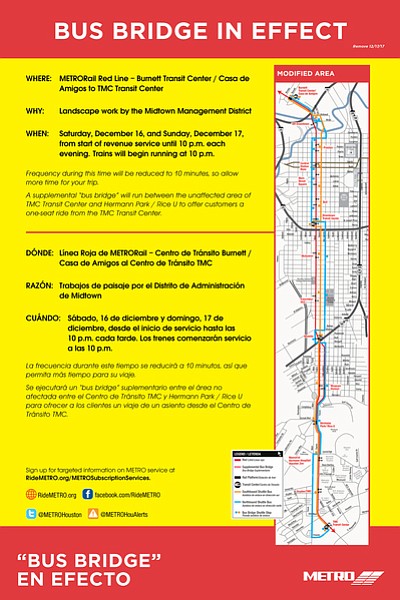 Beginning Saturday, Dec. 16, 2017, METRO will modify rail service on the Red Line in order to allow Midtown Management …